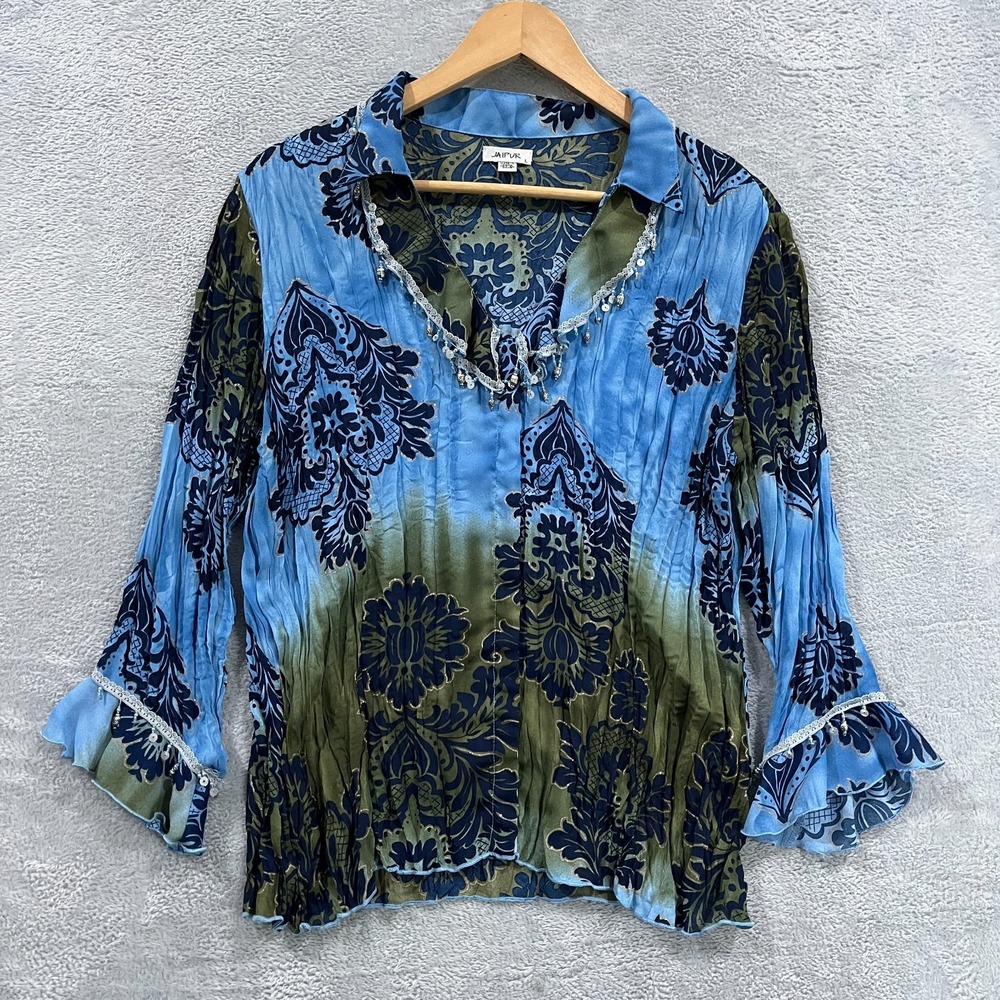 Jaipur Shirt Blouse Women L Sequin Floral Sheer Peasant Boho Top‎ Whimsical Y2K